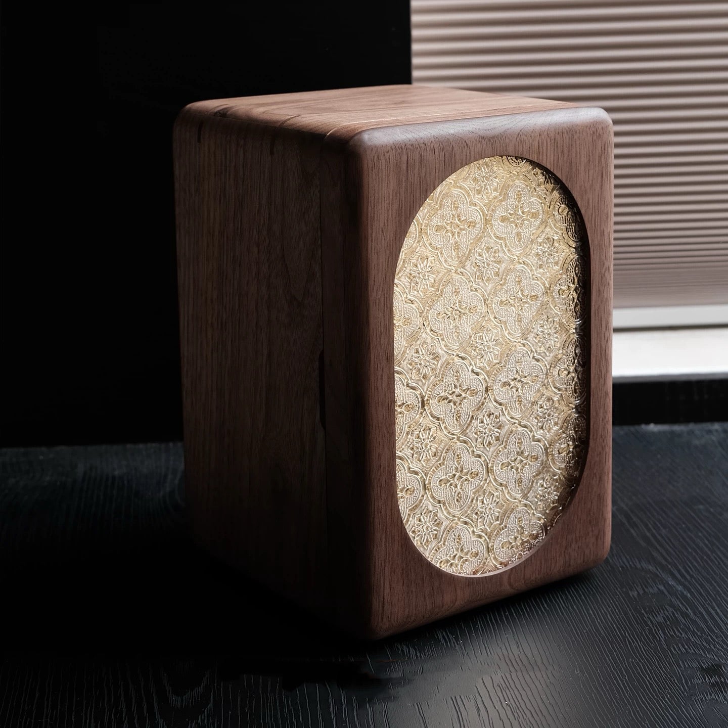 Premium black walnut jewelry box with artistic front design