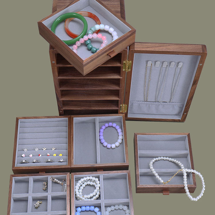Small compartments in floral walnut jewelry organizer
