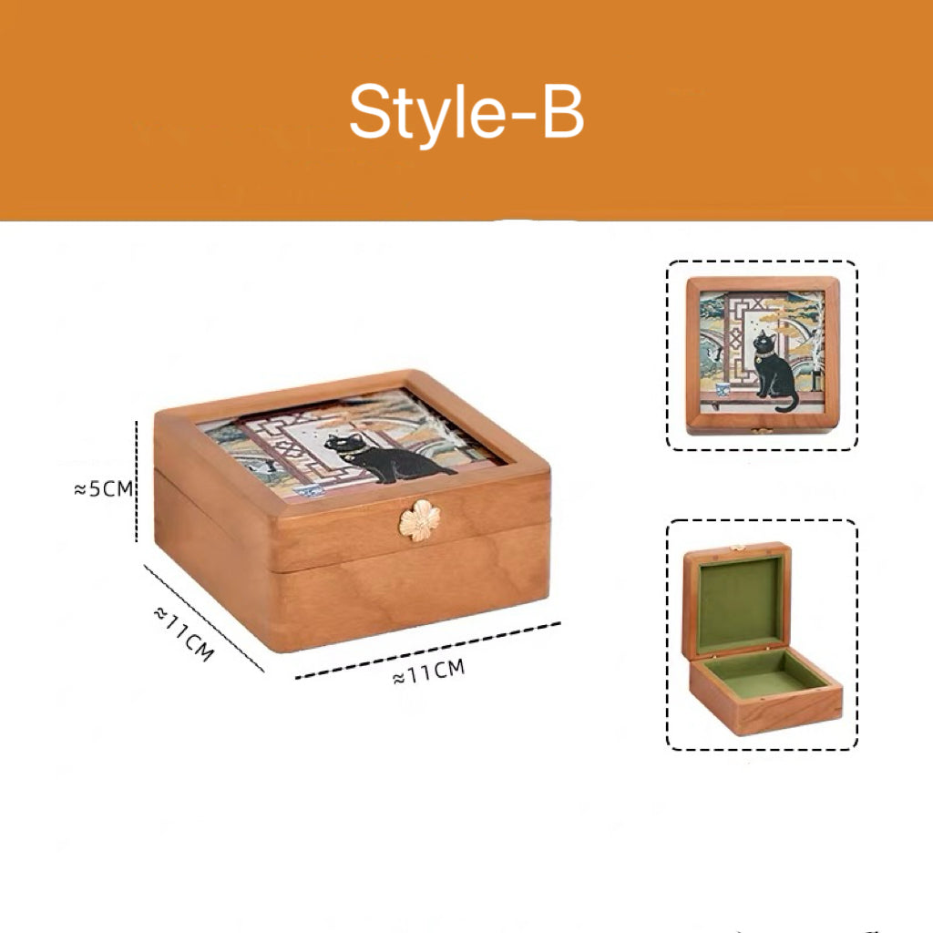 Solid cherry wood jewelry box featuring artistic glass top