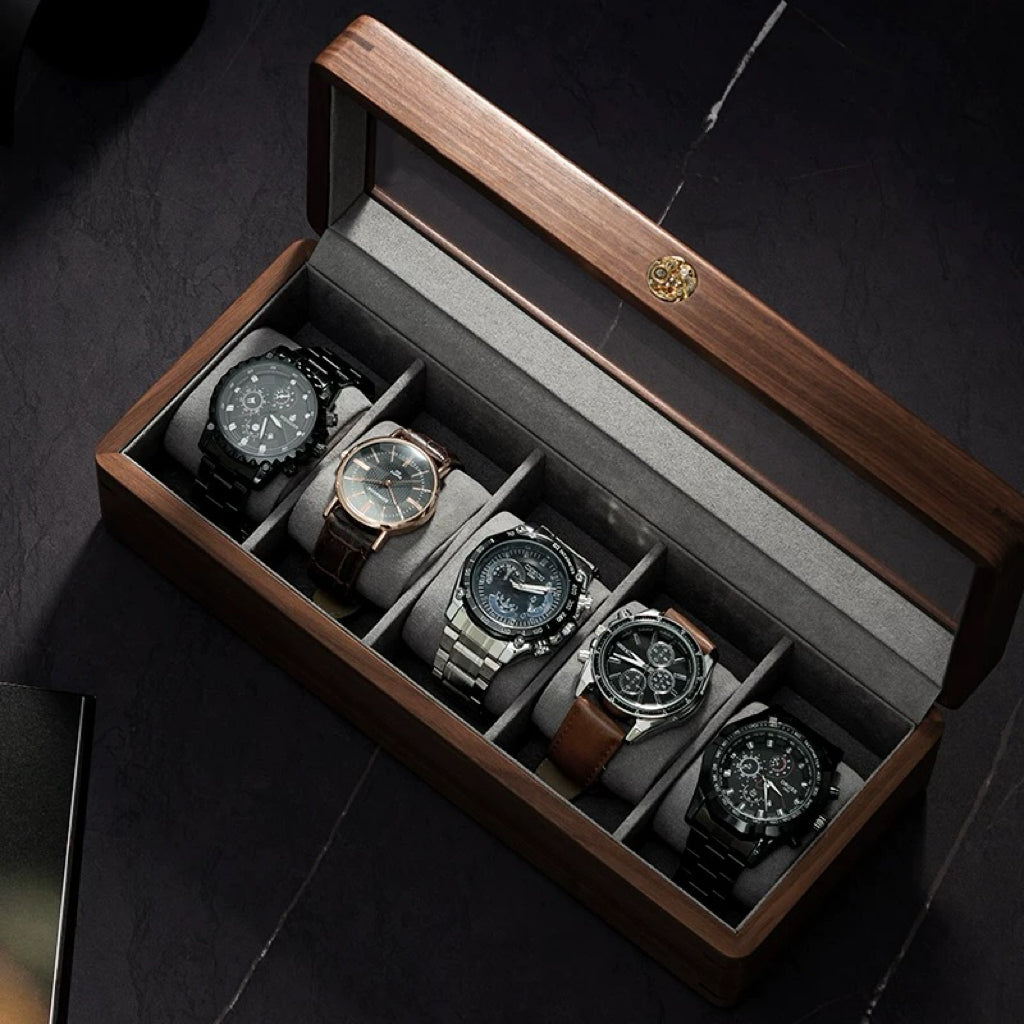 Solid walnut watch organizer box with glass window