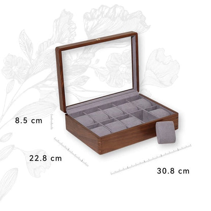 Solid walnut watch organizer with see-through glass top