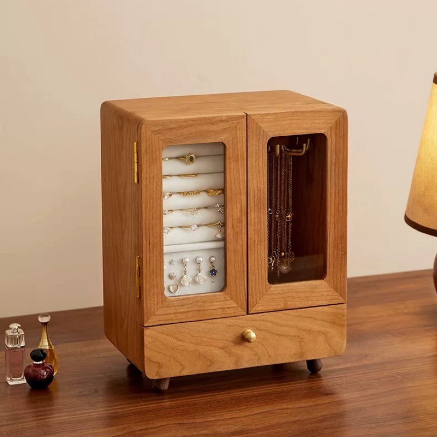 Solid wood jewelry organizer with mini cabinet design