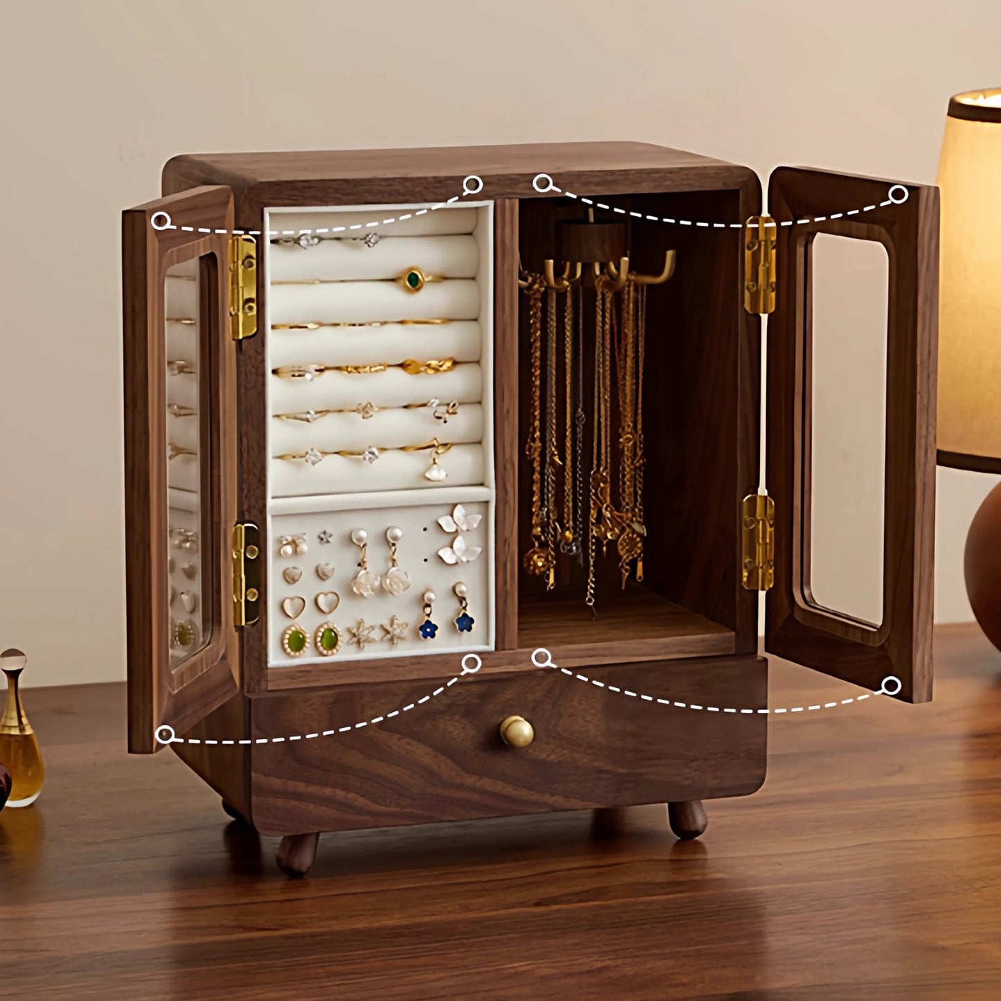 Solid wood mini jewelry box with cabinet-style design