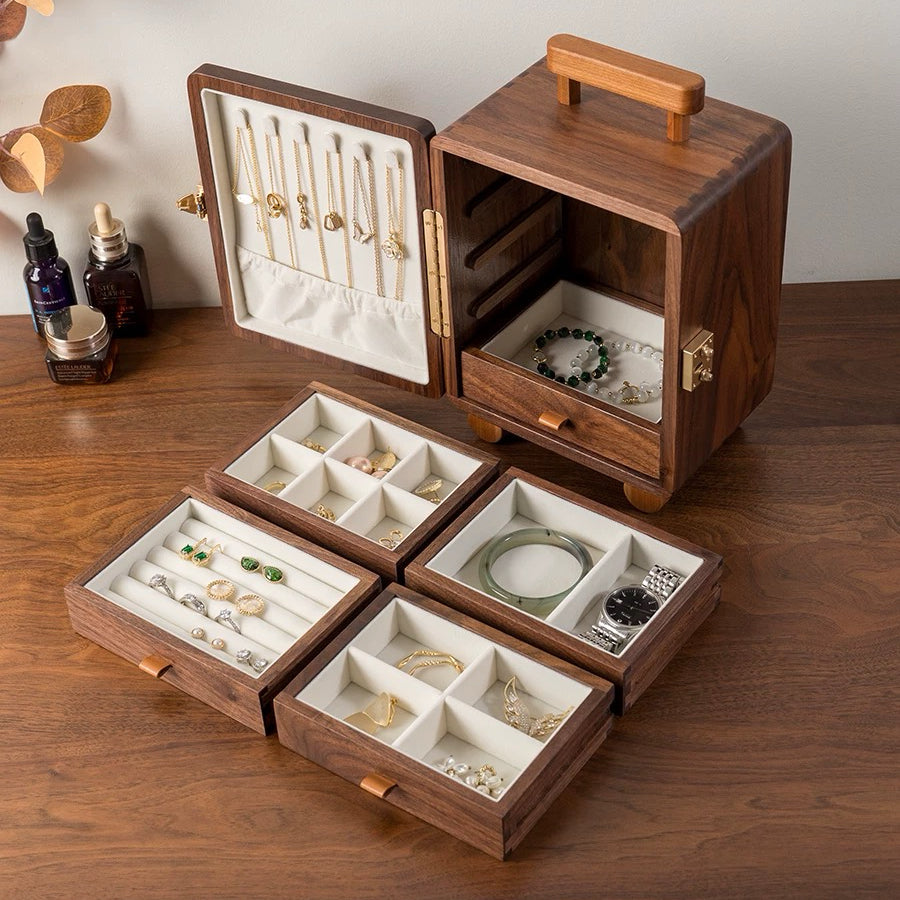 Solid wood suitcase jewelry box with polished finish