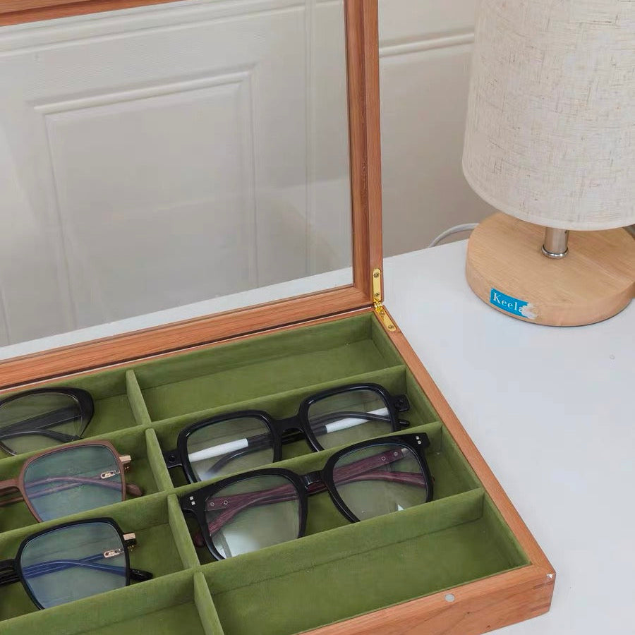 Solid wood sunglasses organizer for home or retail use