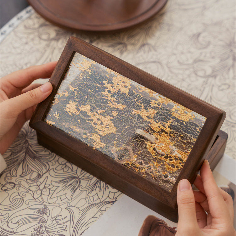 Suntrace wooden jewelry box featuring art laminated tempered glass top