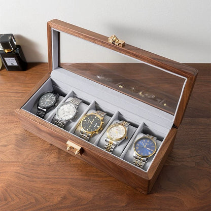 Walnut watch storage box with minimalist aesthetic