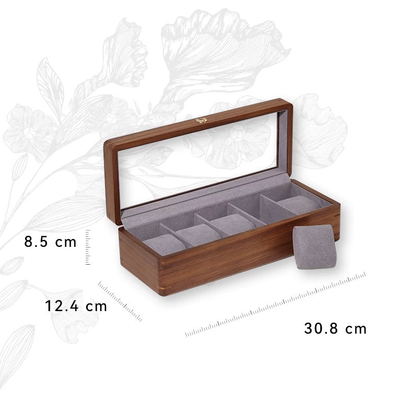 Walnut watch storage case with glass top for collectors