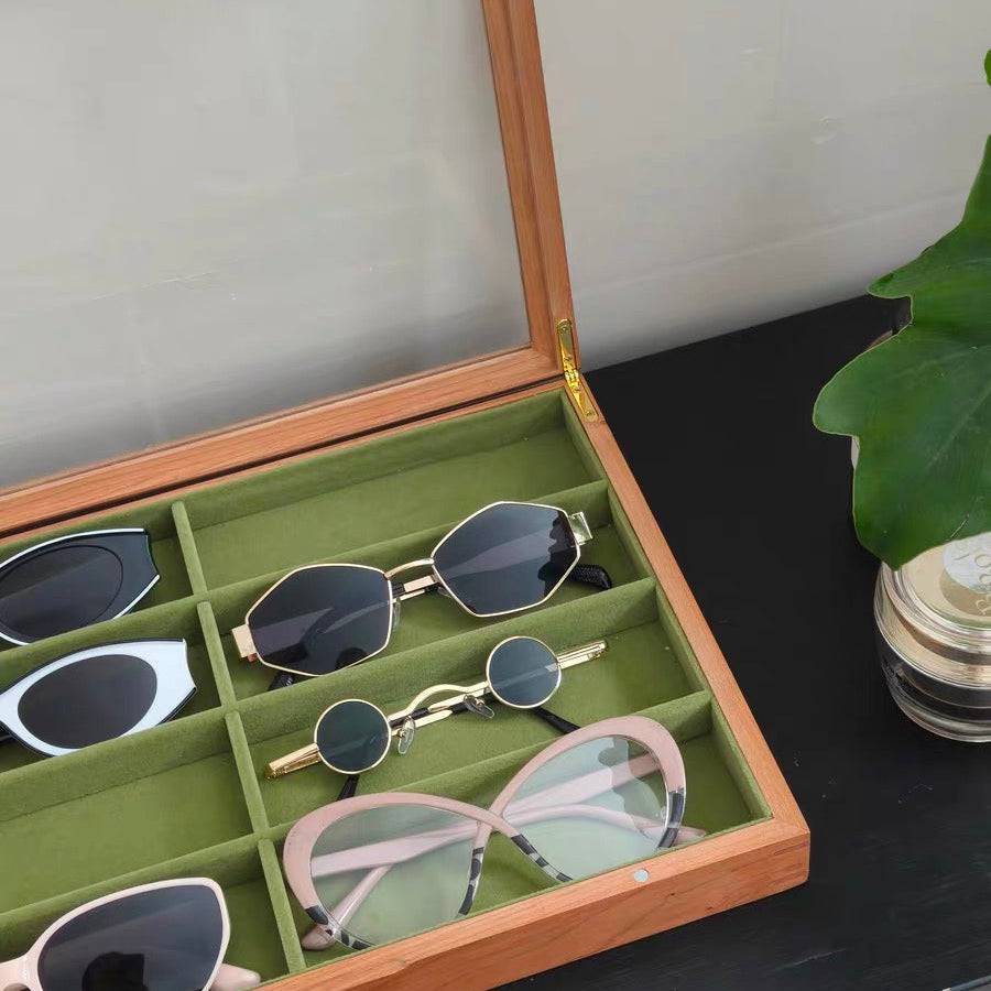 Wooden sunglasses organizer for storing and displaying eyewear