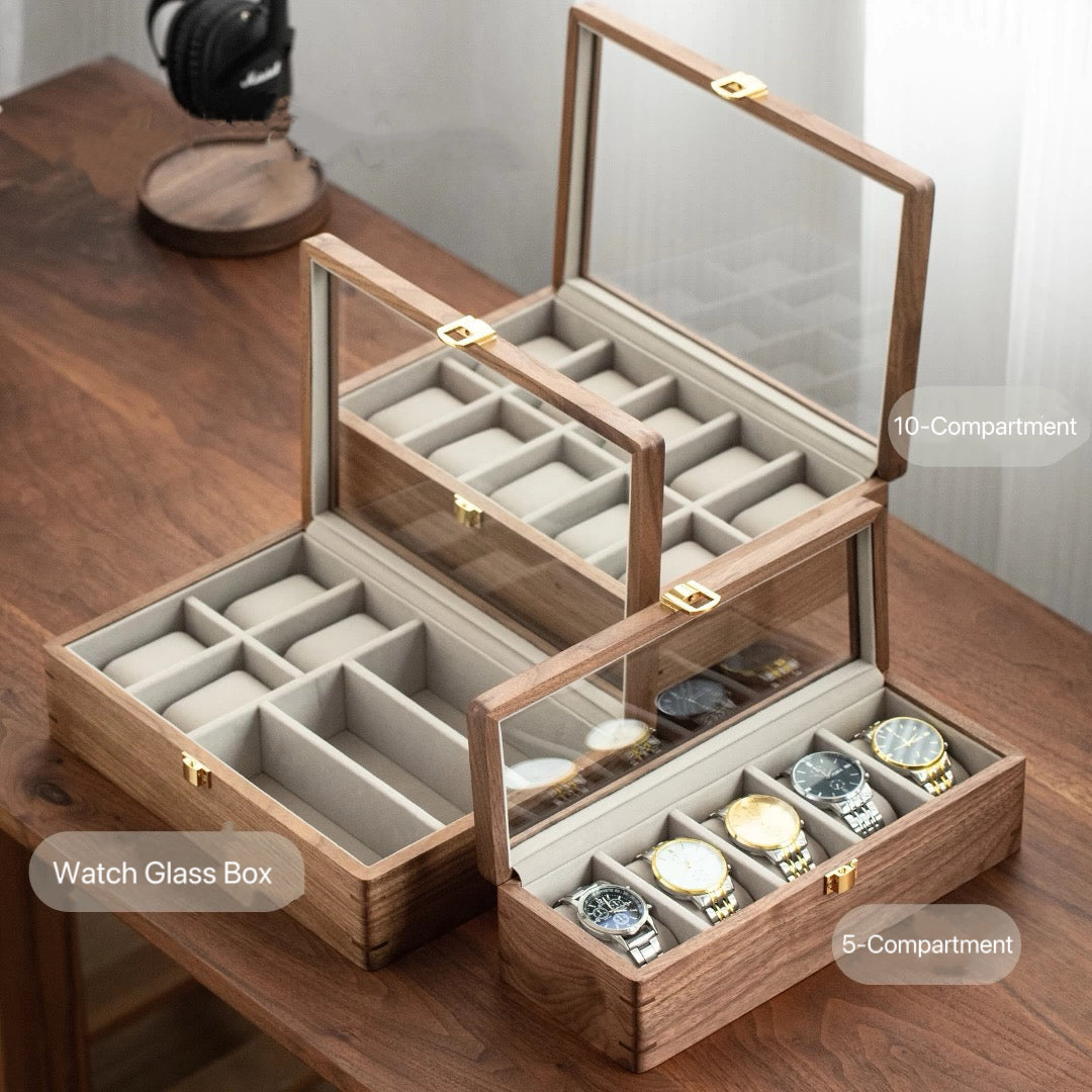 glass lid watch display case wooden