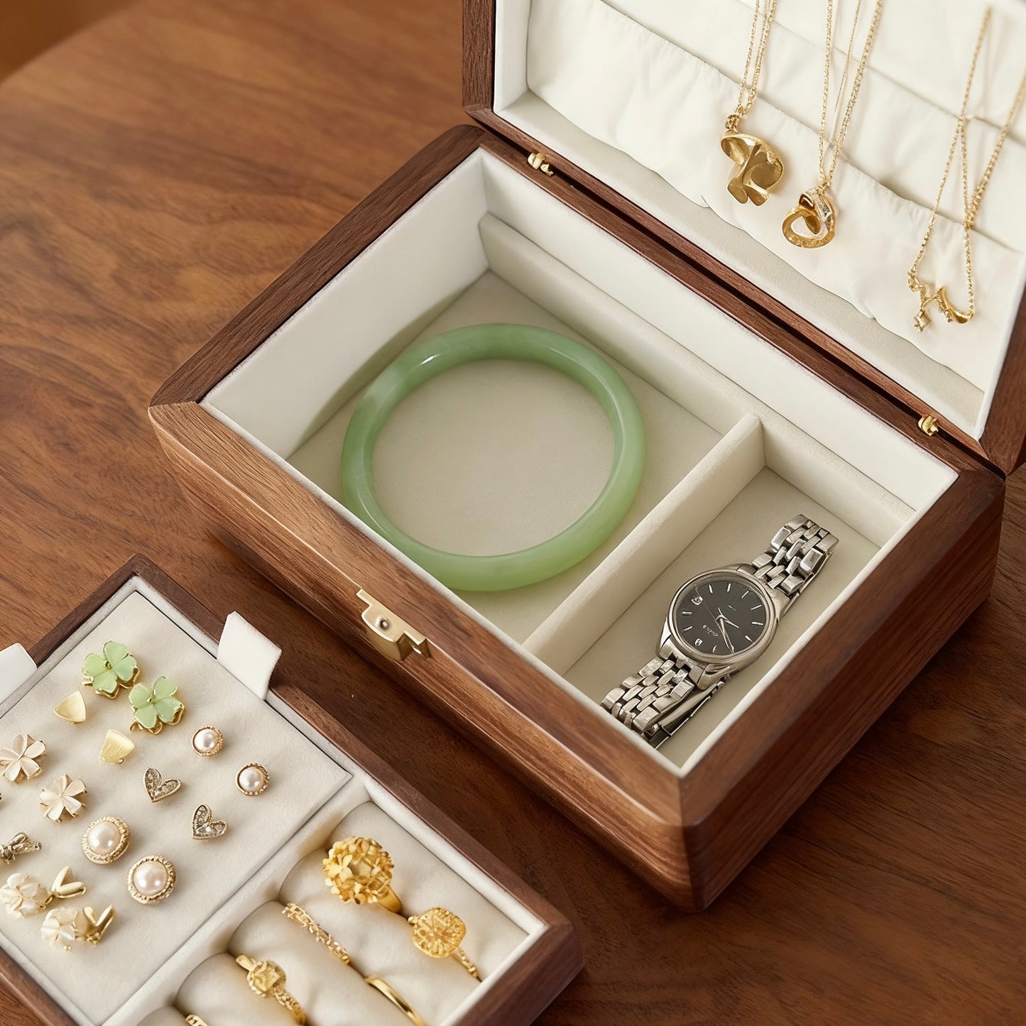 Flora Two-Layer Walnut Jewelry Box