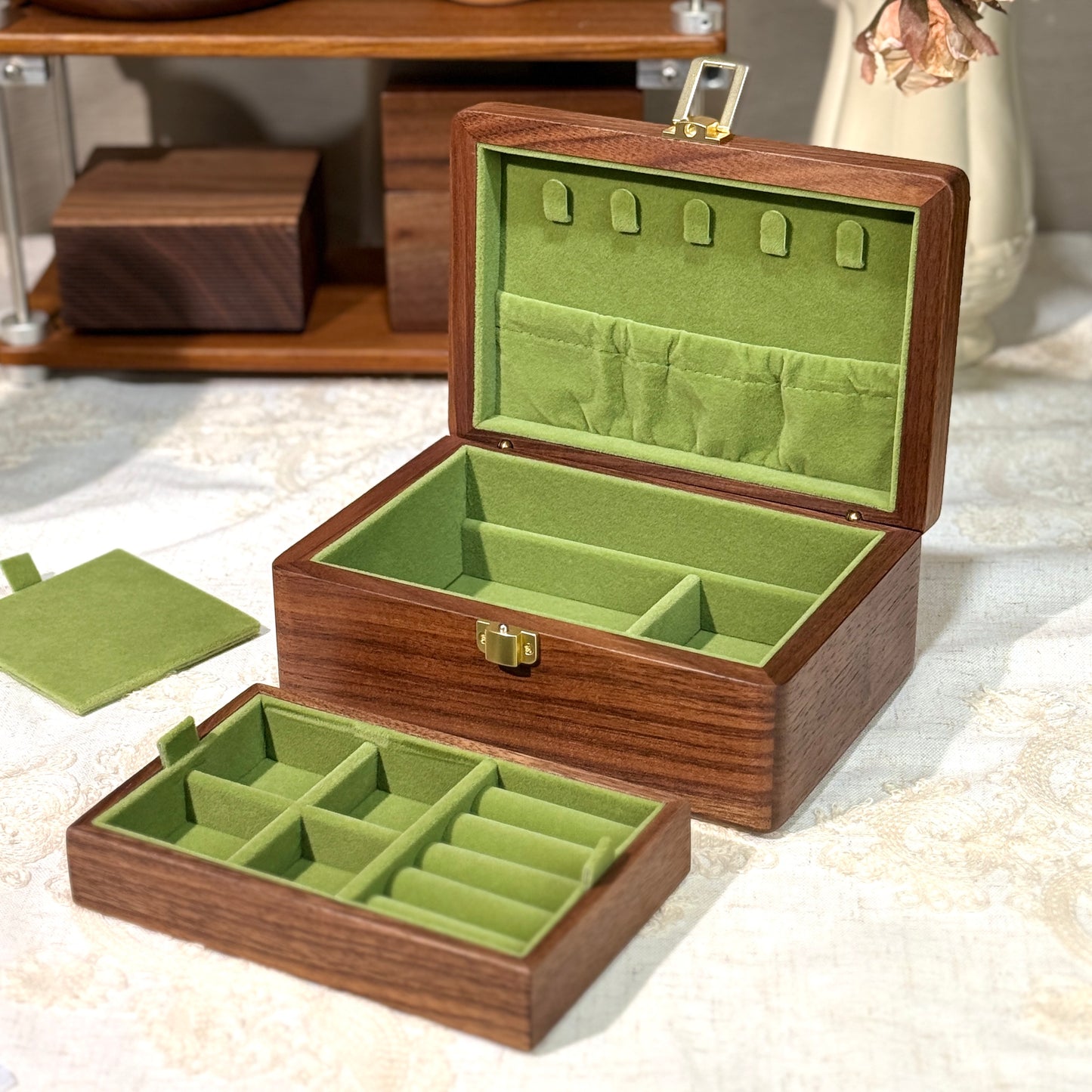 Flora Two-Layer Walnut Jewelry Box